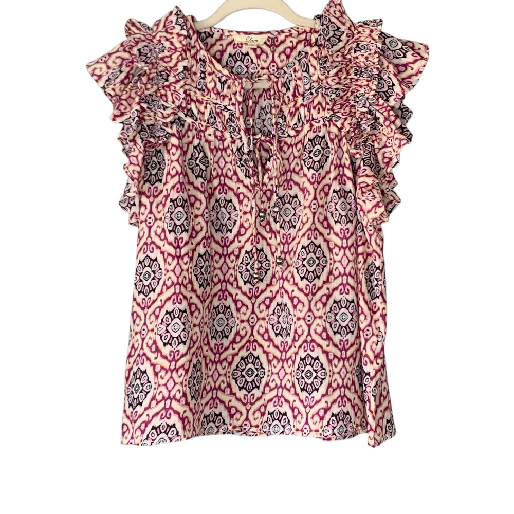 Elan lavender purple IKAT print ruffled cap sleeve top w boho tie front. Size L